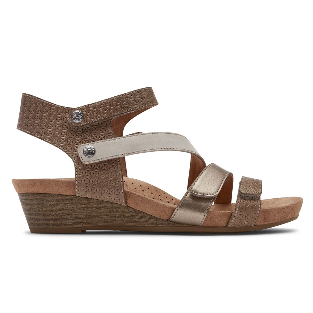 Rockport Women's Cobb Hill Hollywood 4-Strap Wedges Sandals - Beige - USA (1478OJSRT)